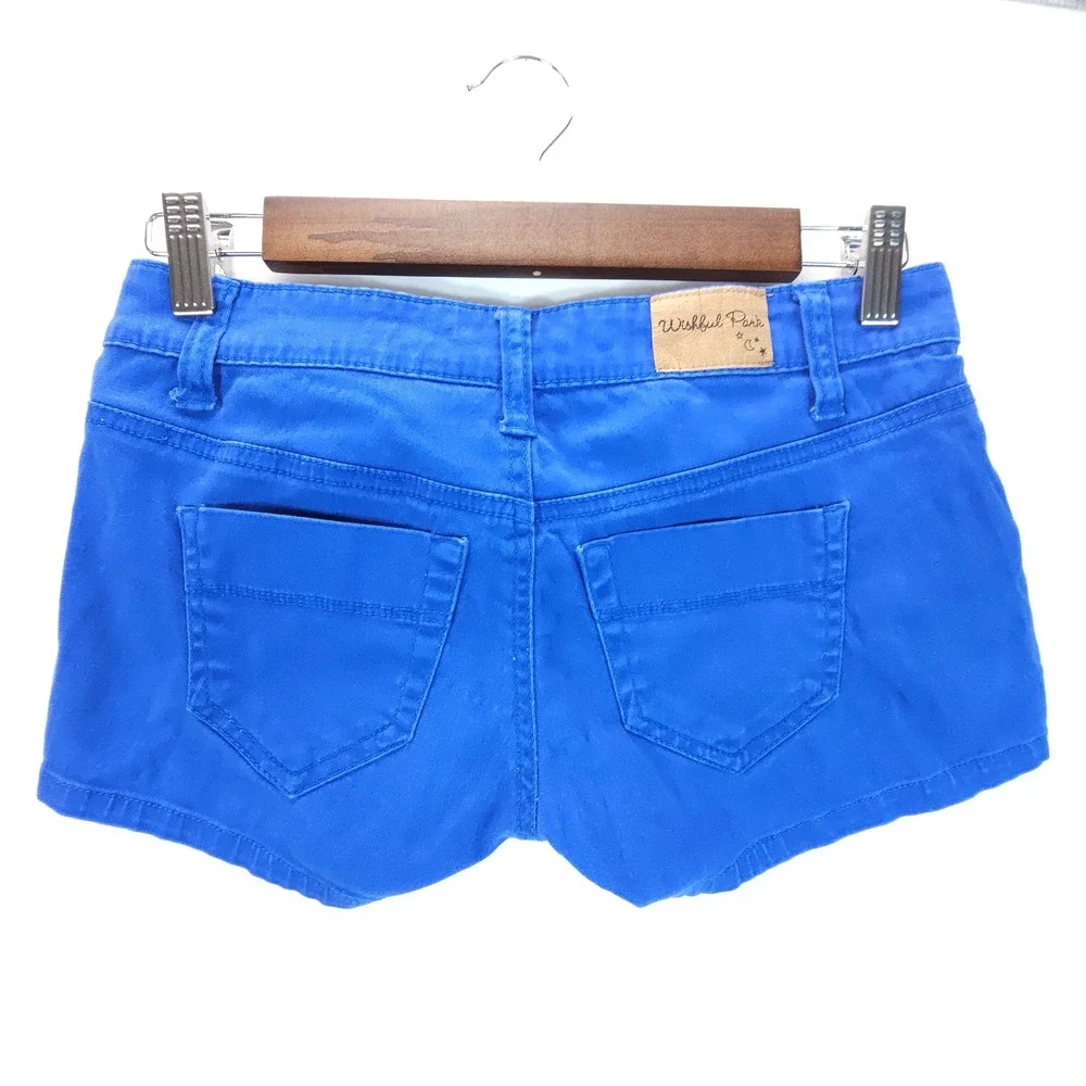 Y2K Wishful Park Shorts Womens 1 Blue Low Rise Whiskered Denim Hot Pants - Picture 2 of 8